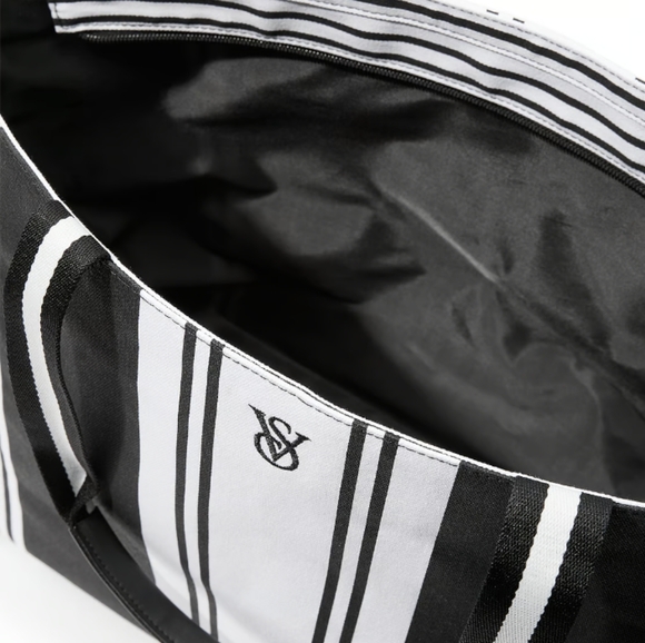 Victoria Secret Stripped Blk &Wht Tote w/Lip Gloss and Lip Oil - Picture 2 of 12